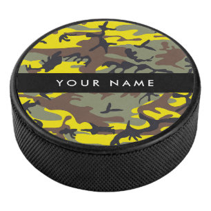 Yellow and Brown Camouflage Your name Personalize Hockey Puck