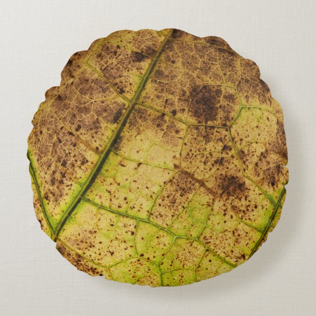 Yellow and Brown Dying Macro Leaf Round Pillow (Front)