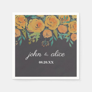 Yellow and Brown Floral Peonies and Roses Wedding Napkins
