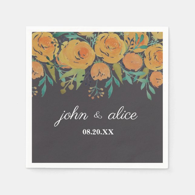 Yellow and Brown Floral Peonies and Roses Wedding Napkins (Front)