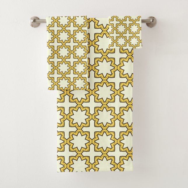 Yellow and brown geometric patterned  bath towel set (Insitu)