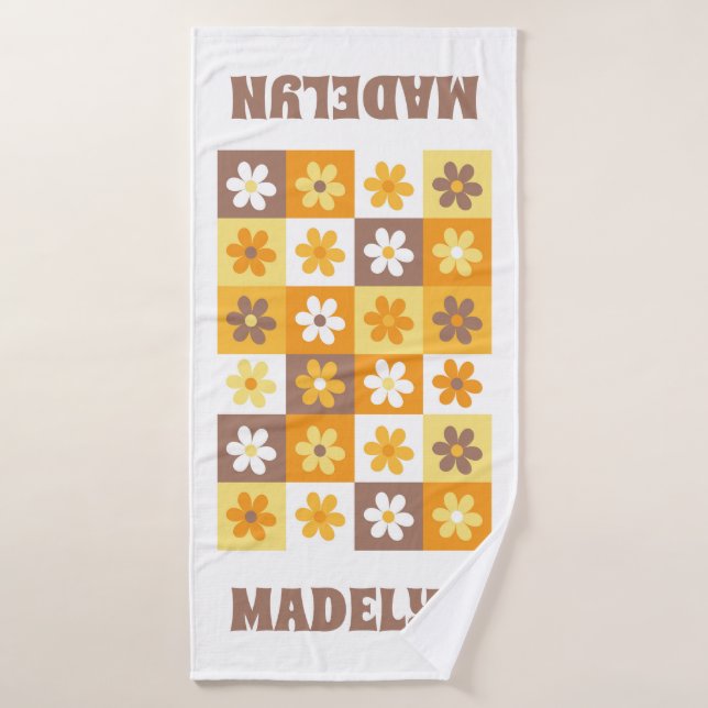 Yellow and Brown Groovy Daisy Checkerboard Bath Towel (Bath Towel)