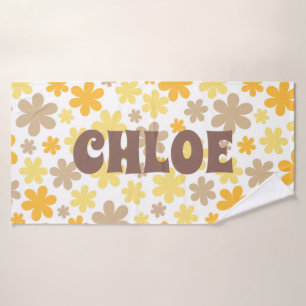 Yellow and Brown Groovy Daisy Floral Custom Name Bath Towel