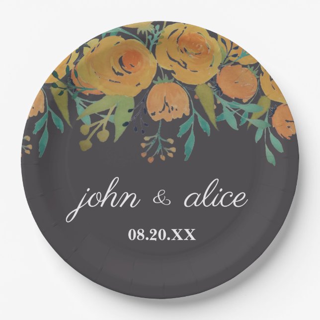 Yellow and Brown Peonies and Roses Wedding Paper Plates (Front)