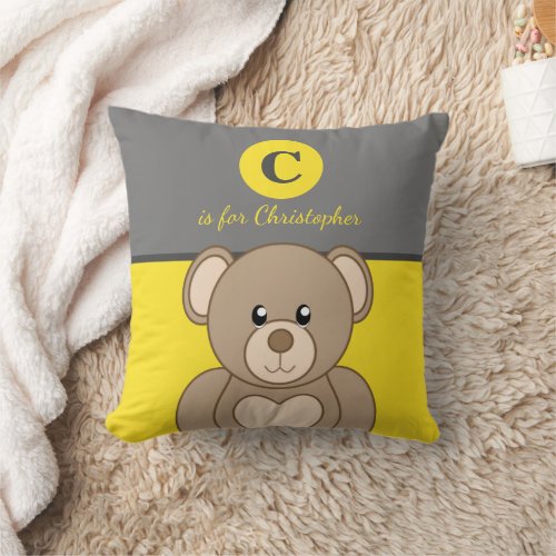 Yellow and brown with a cute teddy bear baby name throw pillow