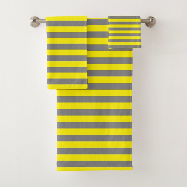 Yellow and Charcoal Grey Stripes Bath Towel Set (Insitu)