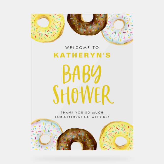 Yellow and Chocolate Donuts Baby Shower Welcome Acrylic Sign (Front)