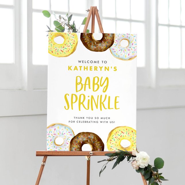 Yellow and Chocolate Glazed Donuts Baby Sprinkle Poster (Watercolor Yellow Donuts Baby Sprinkle Welcome Sign – Customizable Baby Shower Decor)
