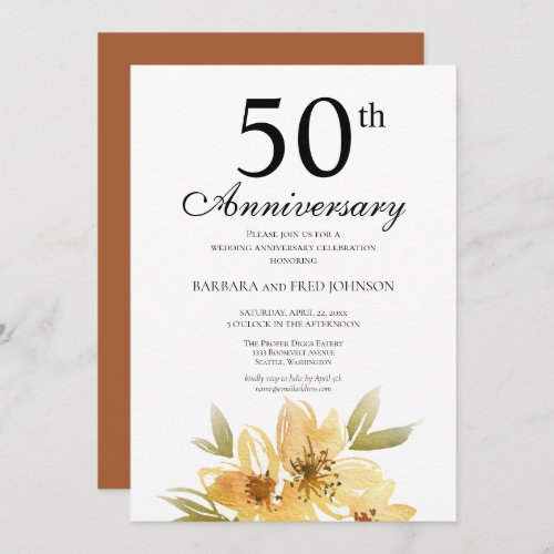 Yellow and Copper Floral 50th Anniversary Party Invitation