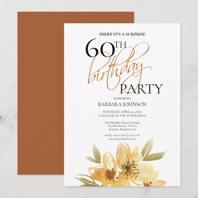 Yellow and Copper Floral Surprise 60th Birthday Invitation (Front/Back)