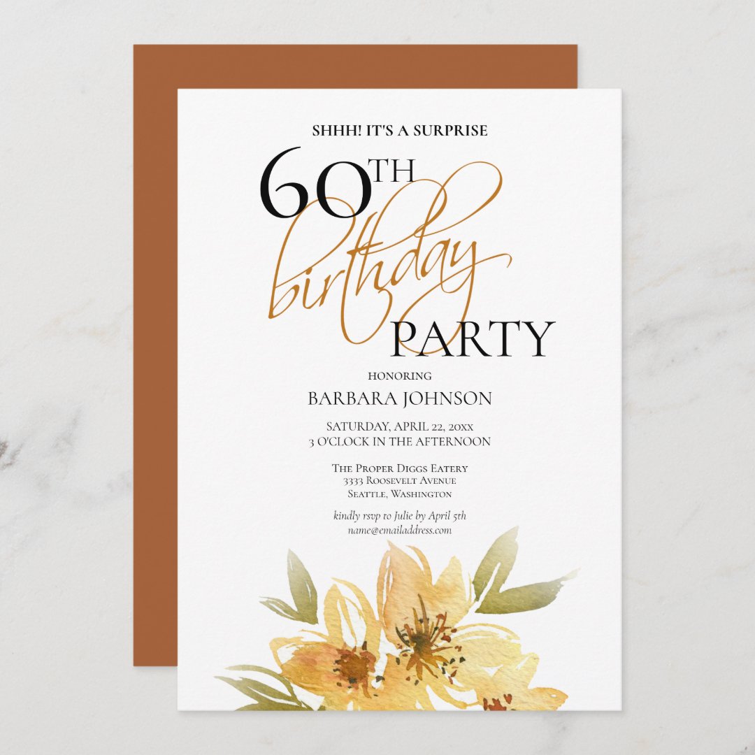 Yellow and Copper Floral Surprise 60th Birthday Invitation | Zazzle