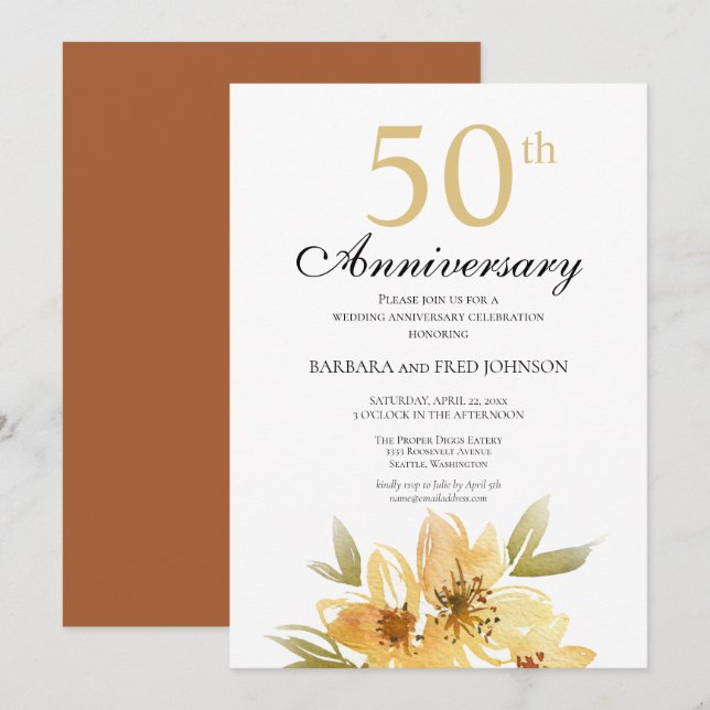 Yellow and Copper Flower 50th Anniversary Party Invitation (Front/Back)