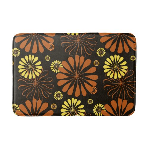 Yellow and Copper Retro Floral Print on Brown  Bath Mat