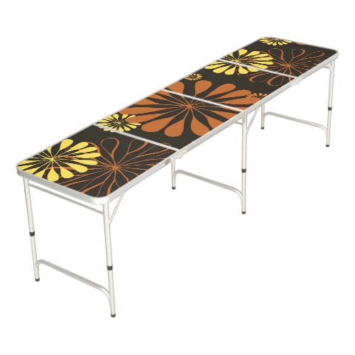 Yellow and Copper Retro Floral Print on Brown  Beer Pong Table