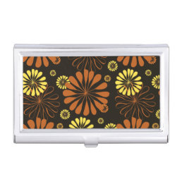 Yellow and Copper Retro Floral Print on Brown Business Card Case