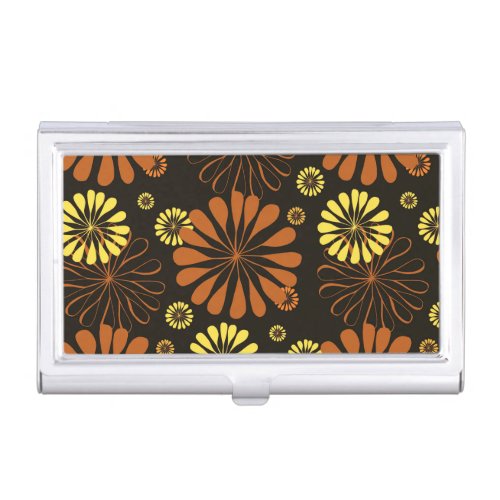 Yellow and Copper Retro Floral Print on Brown Business Card Case