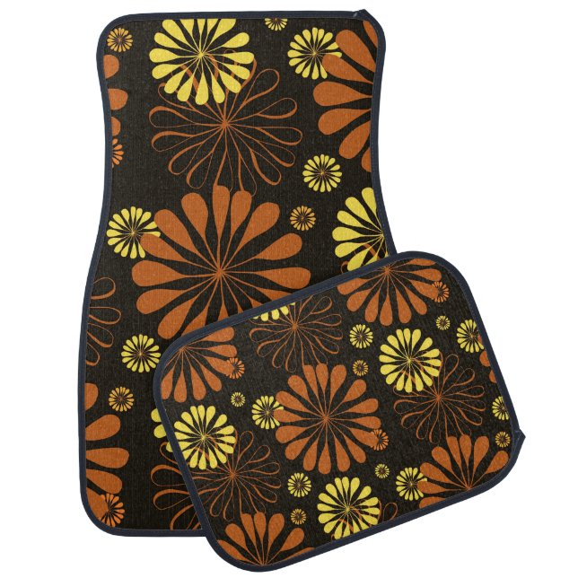 Yellow and Copper Retro Floral Print on Brown  Car Floor Mat (Set)