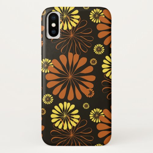 Yellow and Copper Retro Floral Print on Brown  iPhone X Case