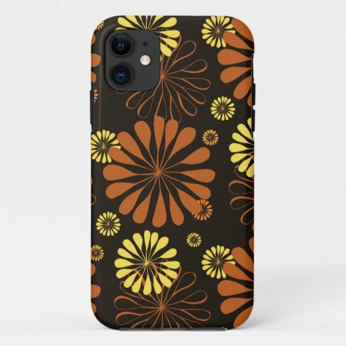 Yellow and Copper Retro Floral Print on Brown  iPhone 11 Case