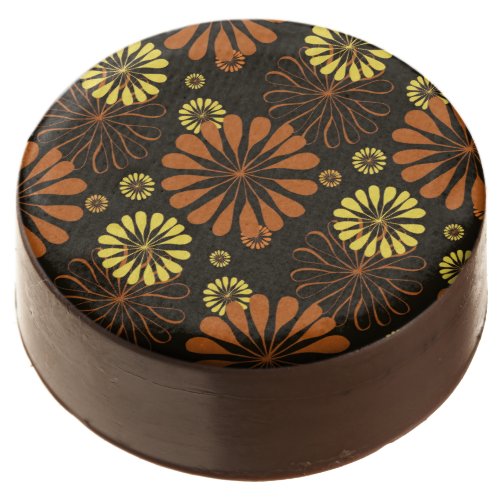 Yellow and Copper Retro Floral Print on Brown  Chocolate Covered Oreo