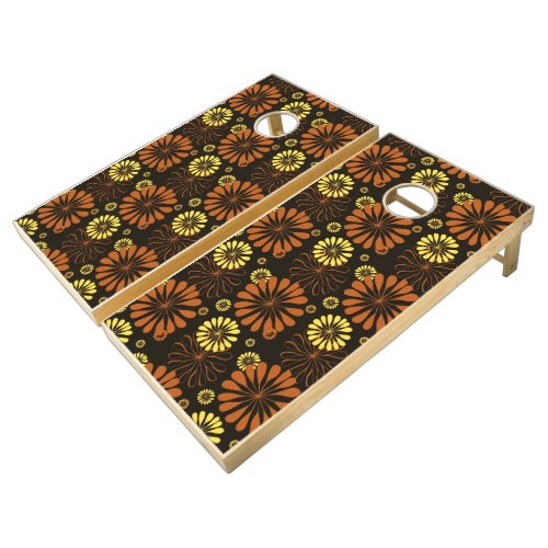 Yellow and Copper Retro Floral Print on Brown  Cornhole Set