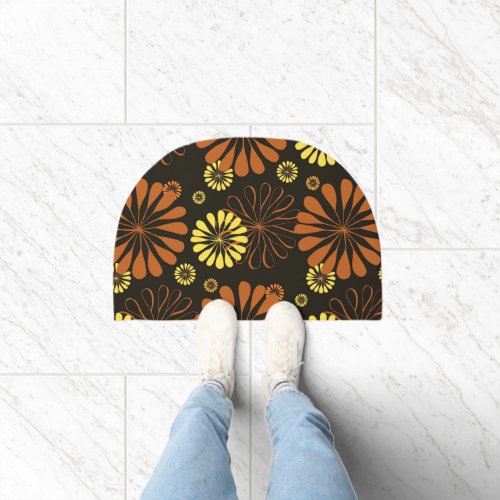 Yellow and Copper Retro Floral Print on Brown  Doormat