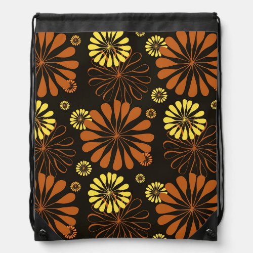 Yellow and Copper Retro Floral Print on Brown  Drawstring Bag
