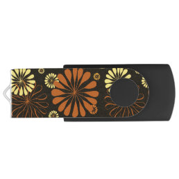 Yellow and Copper Retro Floral Print on Brown  Flash Drive