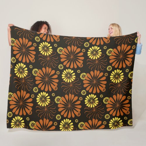 Yellow and Copper Retro Floral Print on Brown  Fleece Blanket