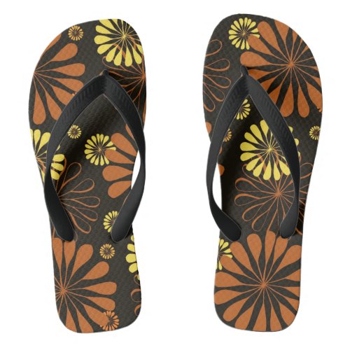 Yellow and Copper Retro Floral Print on Brown  Flip Flops
