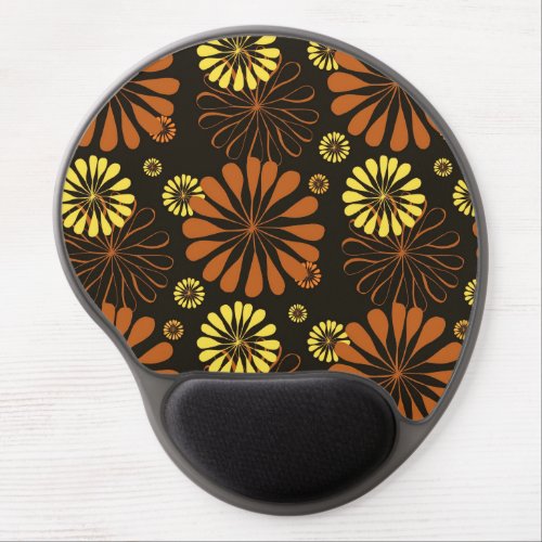 Yellow and Copper Retro Floral Print on Brown  Gel Mouse Pad