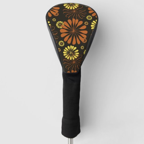 Yellow and Copper Retro Floral Print on Brown  Golf Head Cover