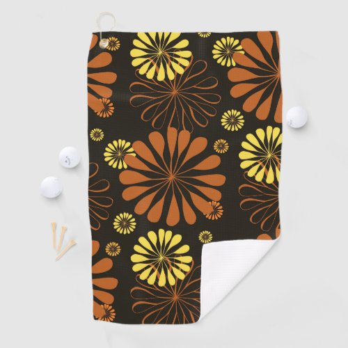 Yellow and Copper Retro Floral Print on Brown  Golf Towel