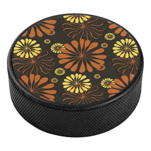 Yellow and Copper Retro Floral Print on Brown  Hockey Puck