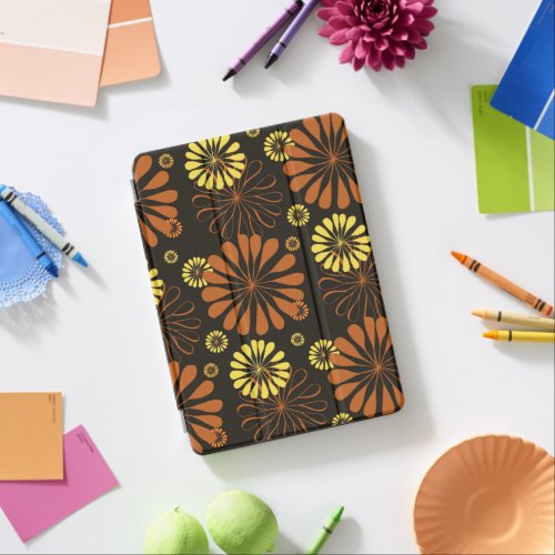 Yellow and Copper Retro Floral Print on Brown  iPad Air Cover