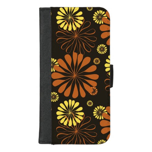 Yellow and Copper Retro Floral Print on Brown  iPhone 87 Plus Wallet Case