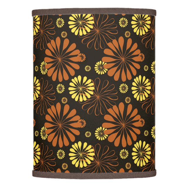 Yellow and Copper Retro Floral Print on Brown  Lamp Shade (Front)