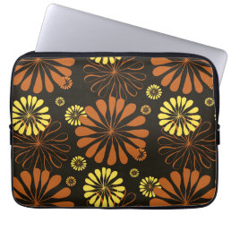 Yellow and Copper Retro Floral Print on Brown  Laptop Sleeve