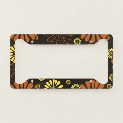 Yellow and Copper Retro Floral Print on Brown  License Plate Frame