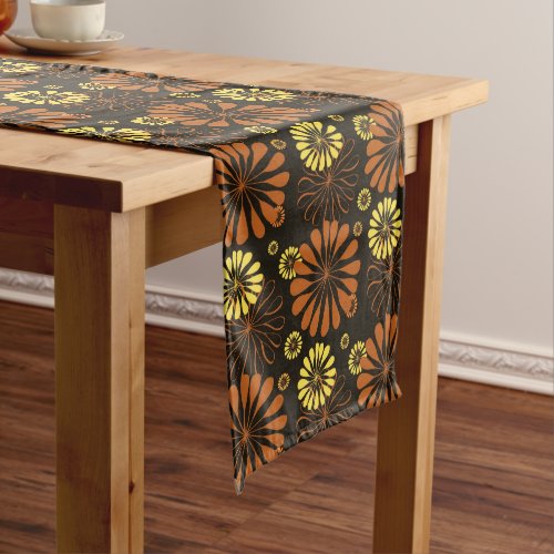Yellow and Copper Retro Floral Print on Brown  Long Table Runner