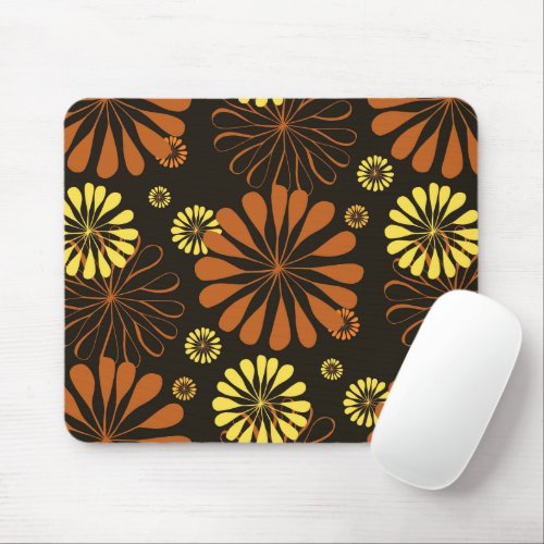 Yellow and Copper Retro Floral Print on Brown  Mouse Pad