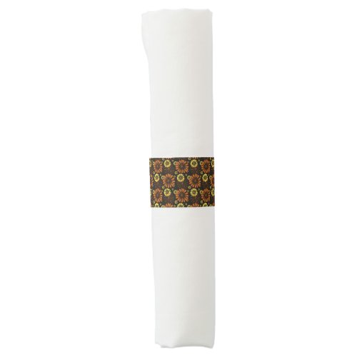 Yellow and Copper Retro Floral Print on Brown  Napkin Bands