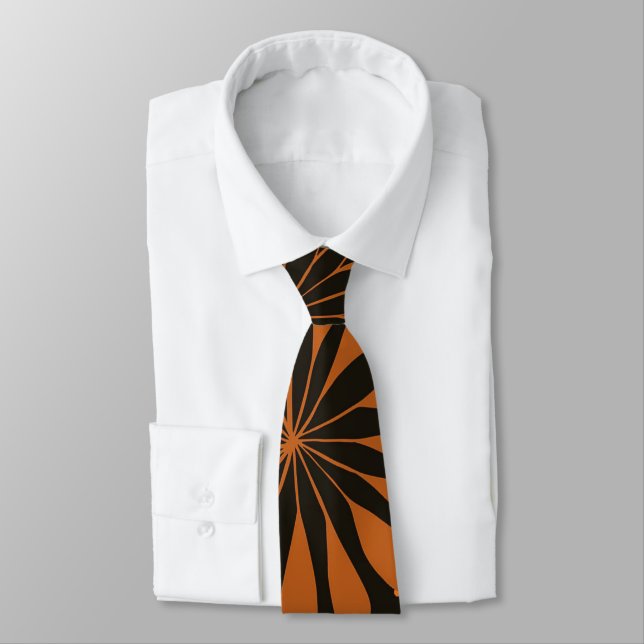 Yellow and Copper Retro Floral Print on Brown  Neck Tie (Tied)