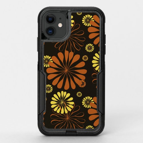 Yellow and Copper Retro Floral Print on Brown  OtterBox Commuter iPhone 11 Case