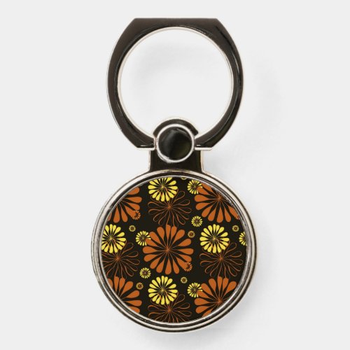 Yellow and Copper Retro Floral Print on Brown  Phone Ring Stand