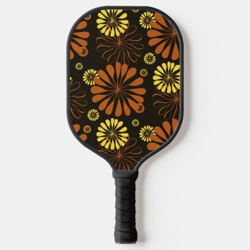 Yellow and Copper Retro Floral Print on Brown  Pickleball Paddle