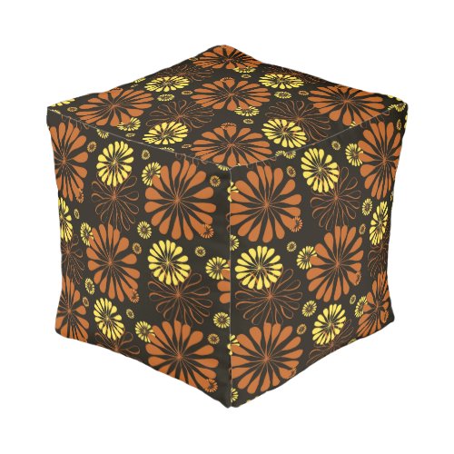 Yellow and Copper Retro Floral Print on Brown  Pouf