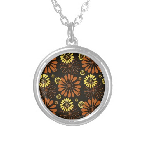Yellow and Copper Retro Floral Print on Brown  Silver Plated Necklace