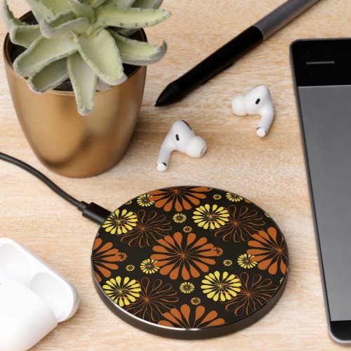 Yellow and Copper Retro Floral Print on Brown  Wireless Charger
