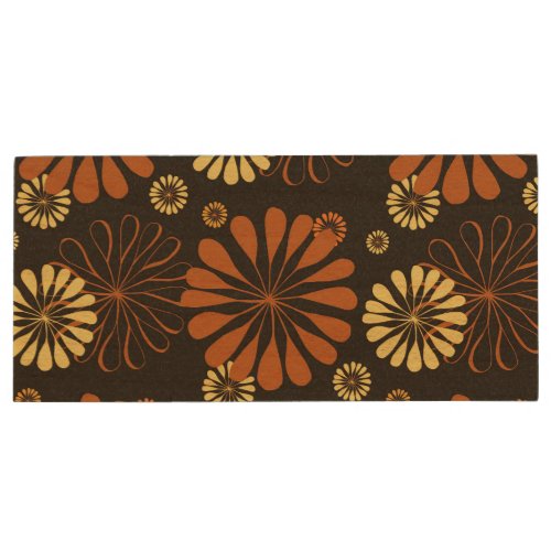 Yellow and Copper Retro Floral Print on Brown  Wood Flash Drive